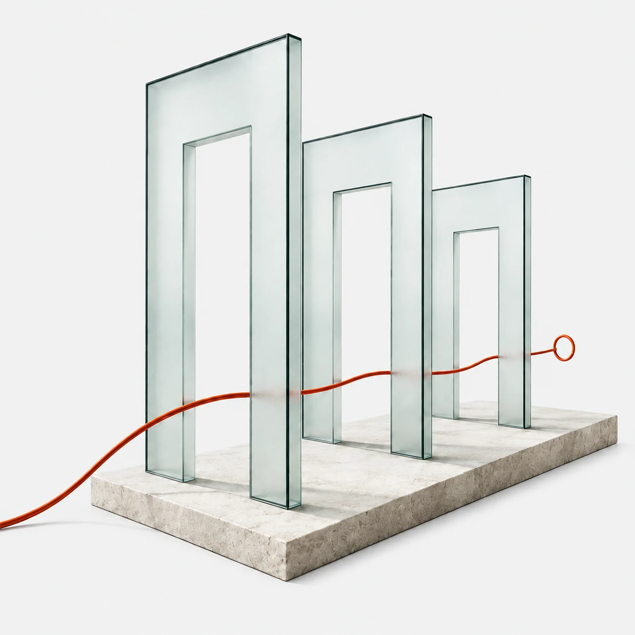 Three glass doorways connected by a red path, following a request across system boundaries.